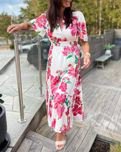 V-neck floral print waist dress casual dresses summer