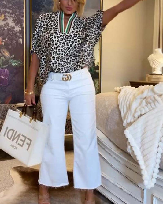 V-Neck Leopard Print Casual Blouse