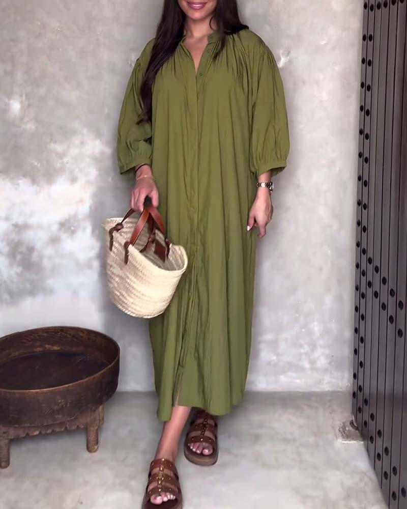 Solid color V-neck pleated loose dress casual dresses spring summer