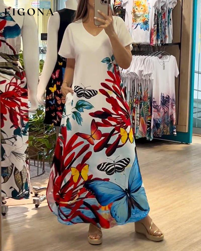 Butterfly print V-neck casual long dress casual dresses spring summer