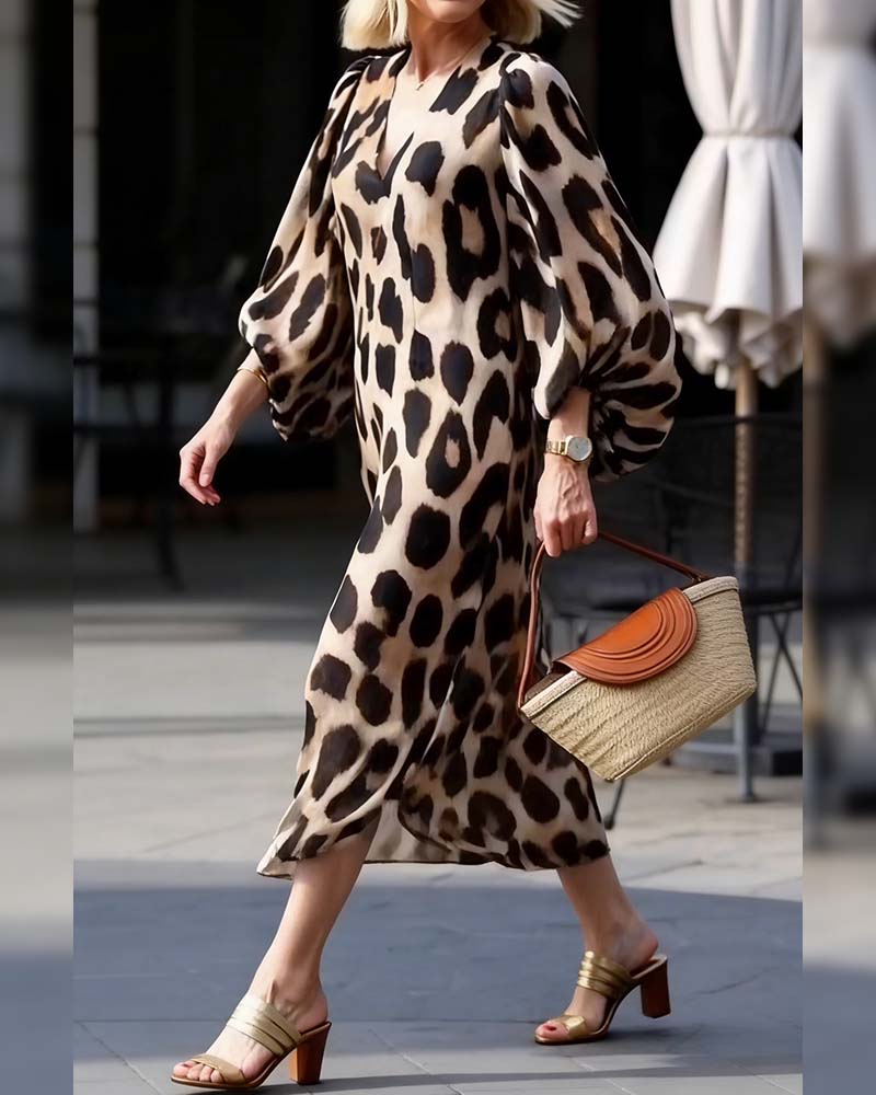Lantern Sleeve V-Neck Leopard Print Dress
