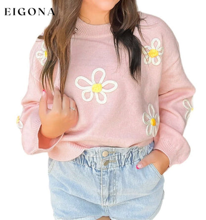 Pink Chenille Daisy Stitching Crew Neck Sweater clothes Sweater sweaters Sweatshirt
