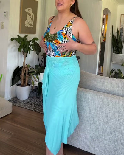 Costume da bagno intero con stampa e lacci sulle spalle da donna e set di pareo