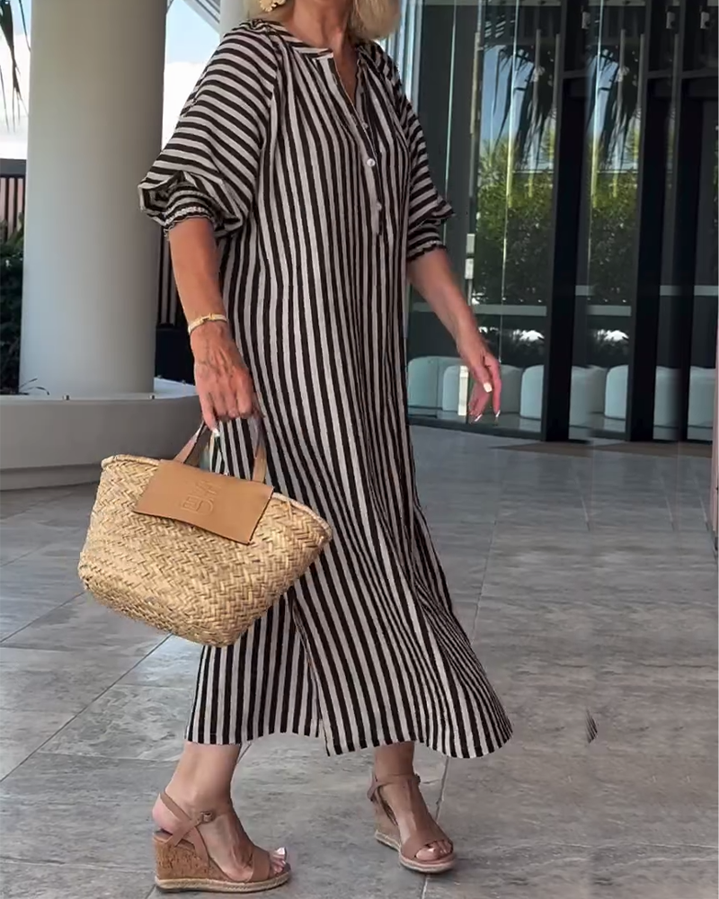 Puff Sleeve Button Slit Striped Dress