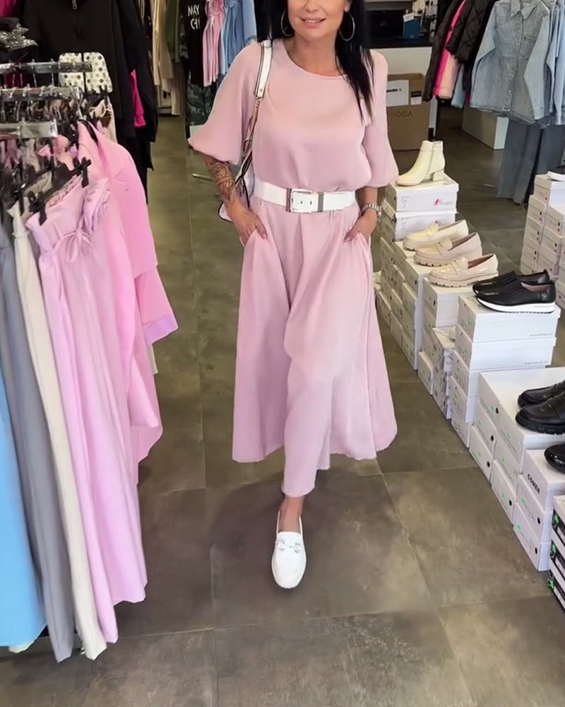 Einfarbiges Kleid mit Laternenärmeln