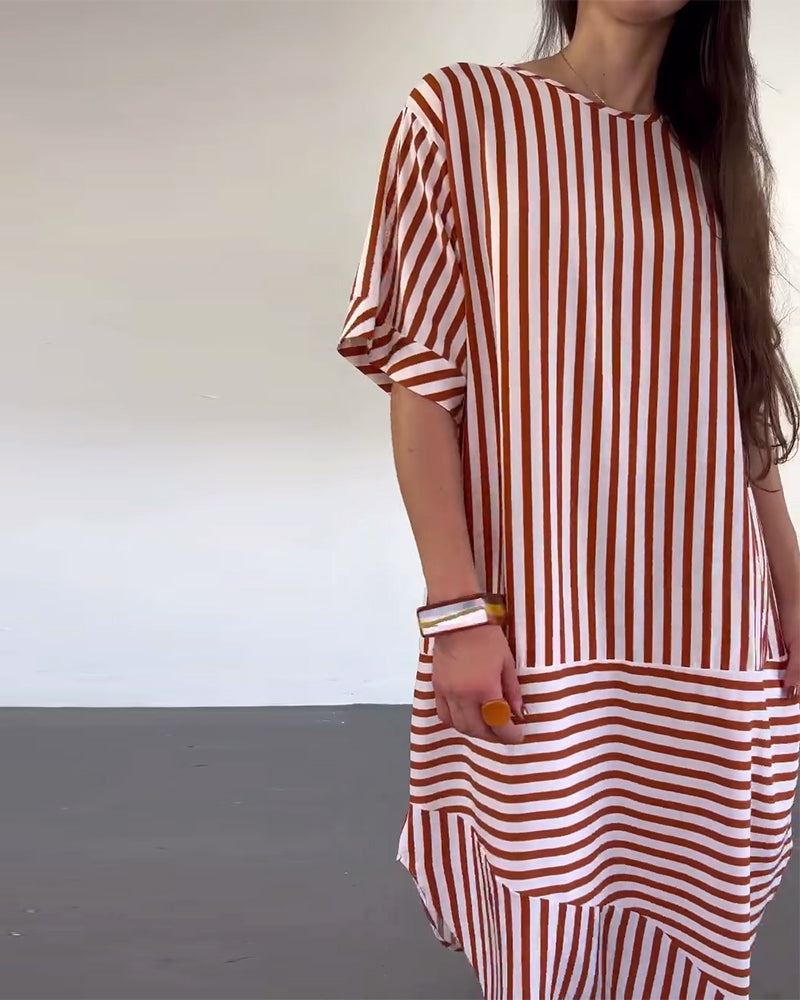 Short-Sleeved Loose-Fitting Striped Dress