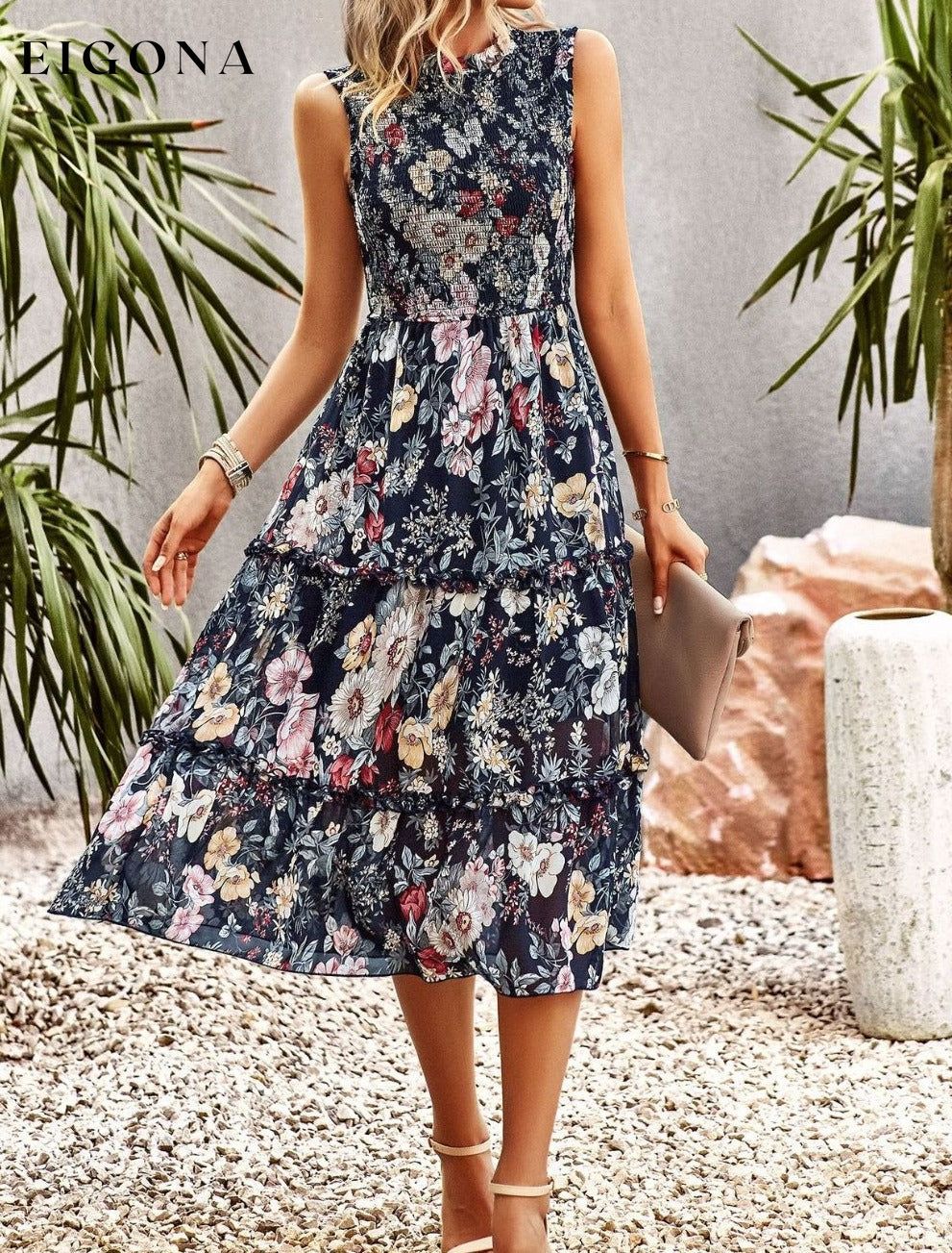 Frill Trim Smocked Sleeveless Floral Midi Dress casual dress casual dresses clothes dress dresses DY midi dress Ship From Overseas short sleeve dress short sleeve dresses