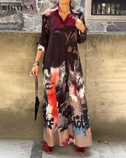 Graffiti print lapel casual long dress casual dresses spring summer