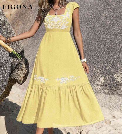 Embroidered Square Neck Ruffle Hem Dress Banana Yellow clothes H.R.Z Ship From Overseas