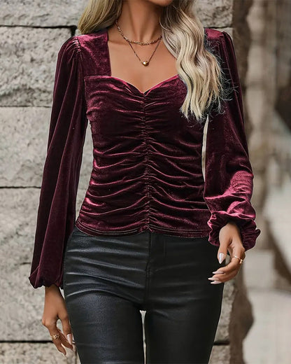 Stylish Puff-Sleeved Ruched Velvet Top