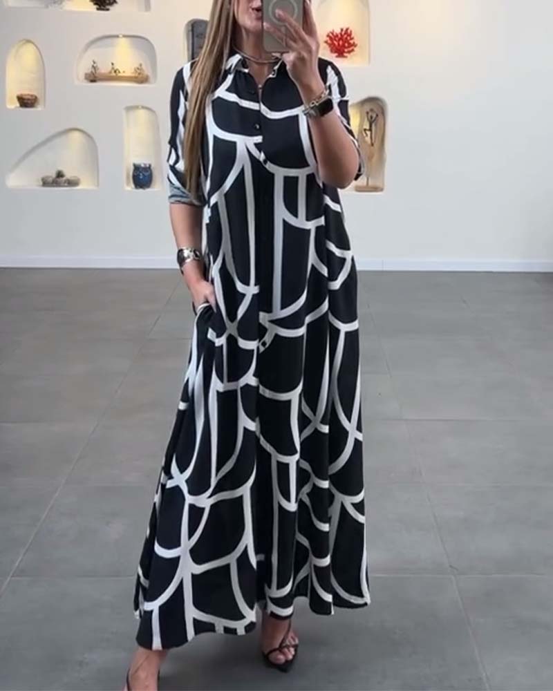 Contrast printed lapel long slit dress casual dresses spring summer