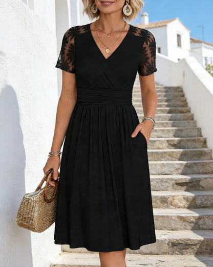 Mesh Splicing V-Neck A Hem Dress