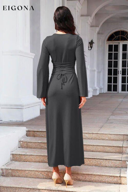 Tie Back Ribbed Round Neck Long Sleeve Dress casual dresses clothes dresses long sleeve dress long sleeve dresses maxi dress Ship From Overseas Y&M