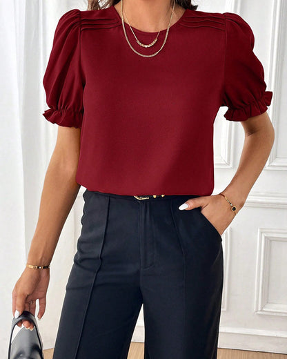 Solid Color Crew Neck Blouse
