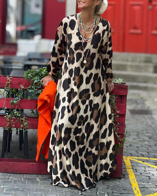 Long sleeve v neck leopard print dress