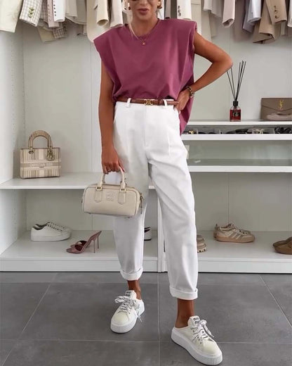 Sleeveless Solid Color Round Neck Casual Tank Top