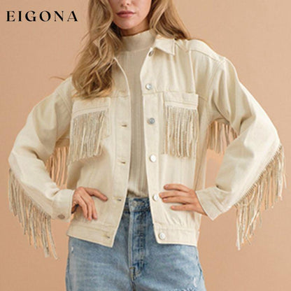 Fringe Detail Dropped Shoulder Denim Jacket Beige clothes DE.O.Z.X Ship From Overseas Shipping Delay 09/29/2023 - 10/06/2023 trend