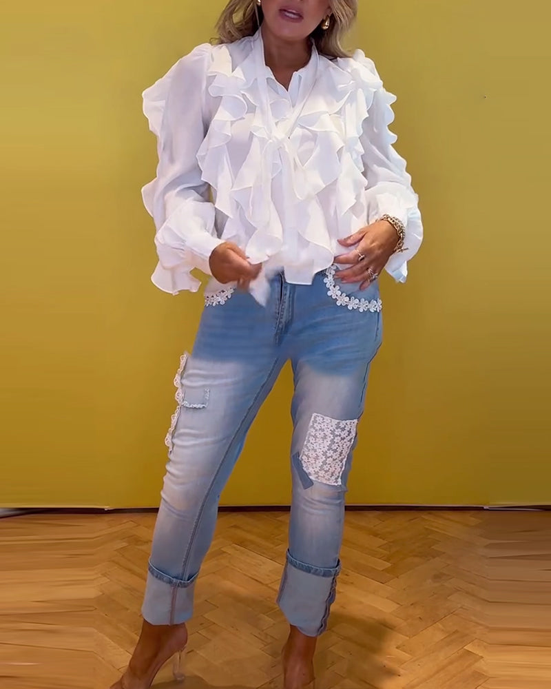 Französische Langarmbluse mit Rüschen