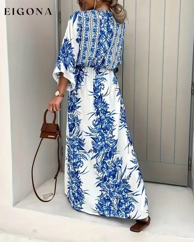 Floral print deep V slit fashionable long dress casual dresses spring summer vacation dresses