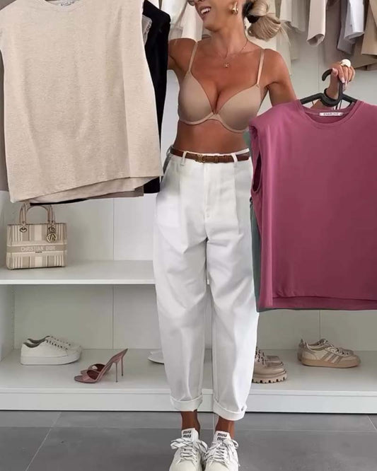 Sleeveless Solid Color Round Neck Casual Tank Top