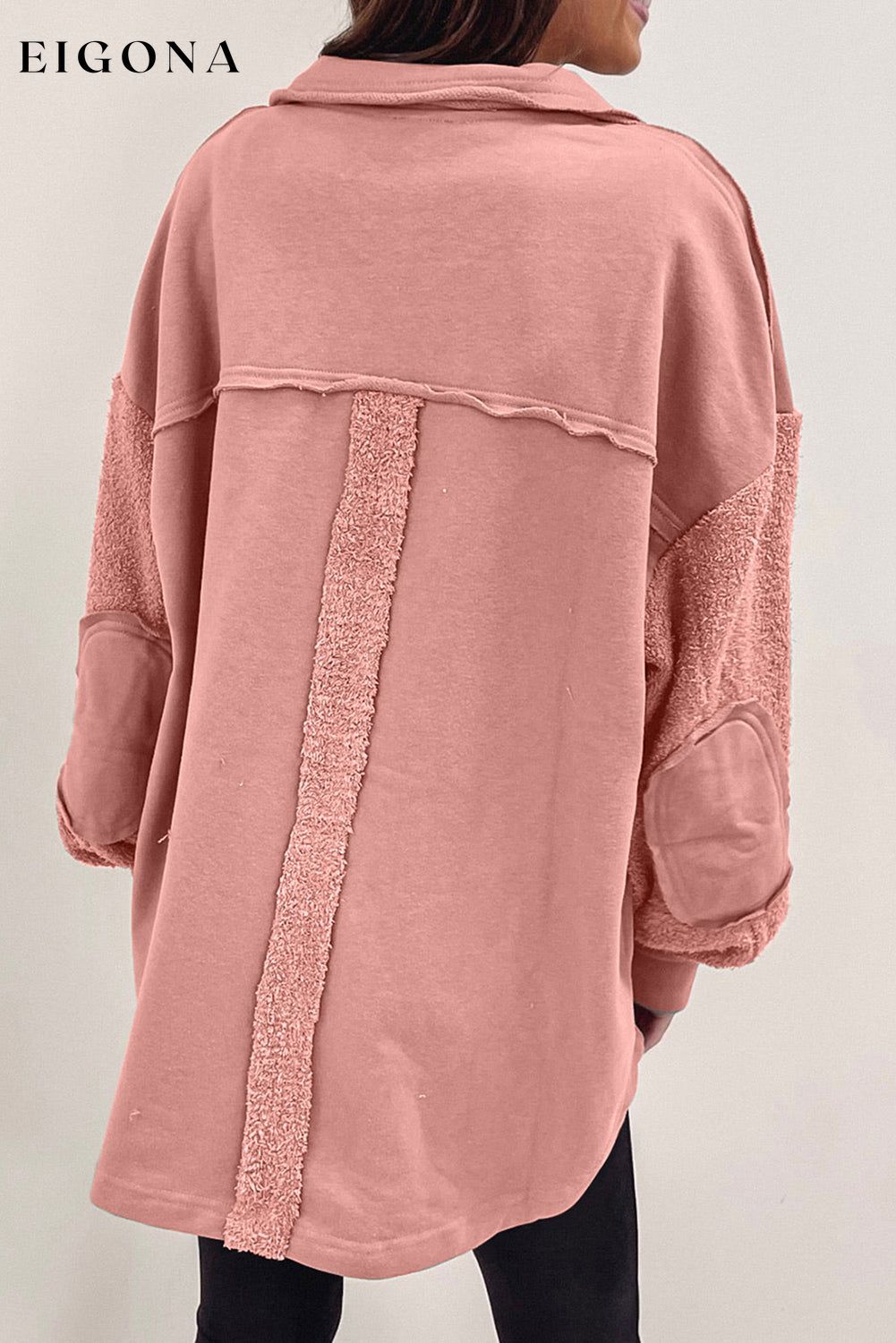 Peach Blossom Exposed Seam Elbow Patch Oversized Shacket All In Stock Category Shacket clothes Color Pink EDM Monthly Recomend Fabric Fleece long sleeve shirts long sleeve top Occasion Daily Print Solid Color Season Winter shirt shirts Style Southern Belle top tops