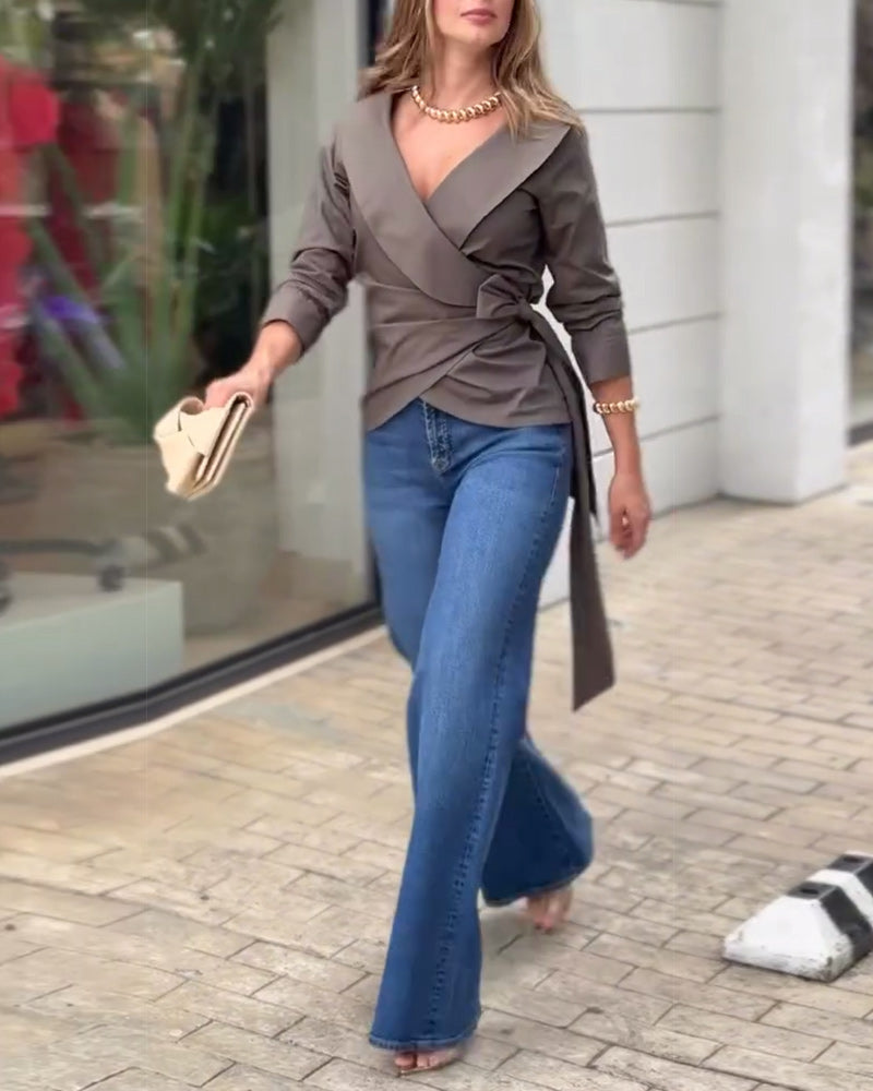 Long sleeve v-neck solid color knot top 202466 blouses & shirts spring summer