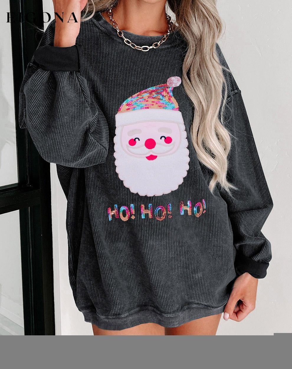 Black Sequin HO HO HO Santa Claus Graphic Corded Sweatshirt Best Sellers clothes Craft Sequin Day Christmas EDM Monthly Recomend Fabric Corduroy Hot picks Print Letter Season Fall & Autumn