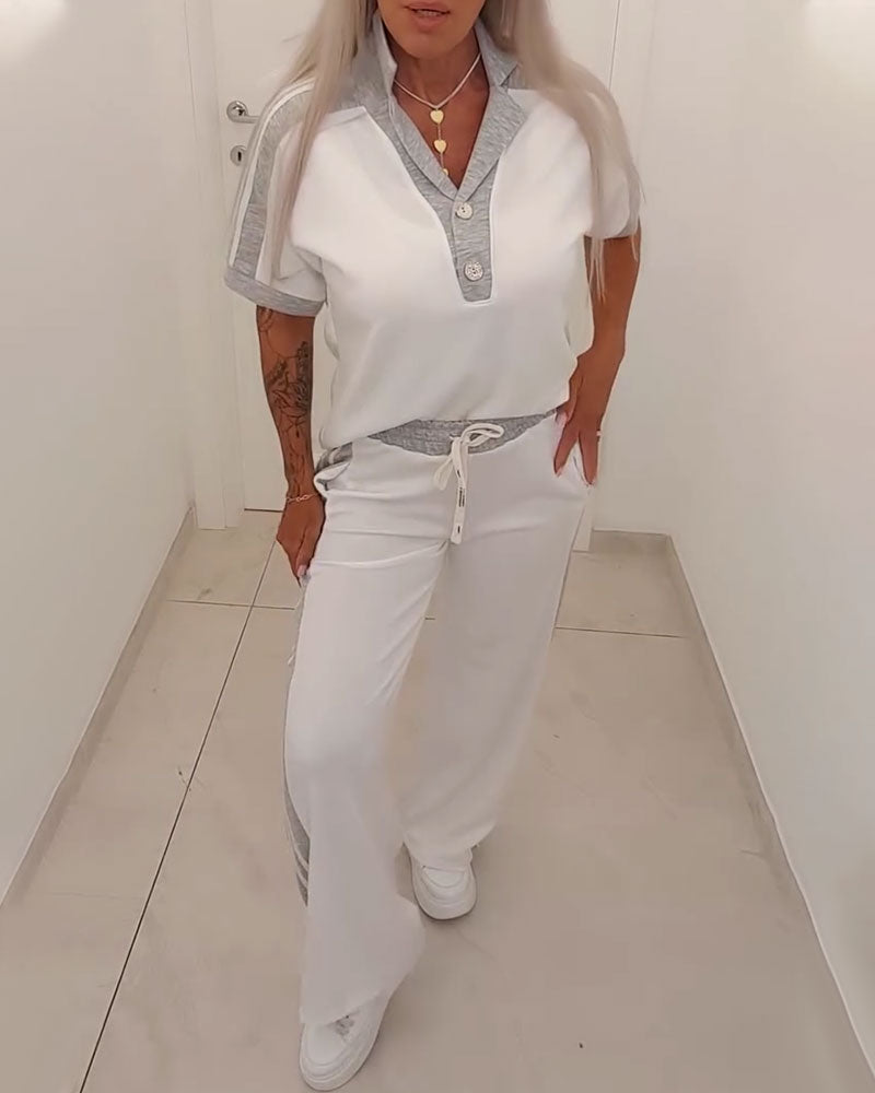 Color Block Camp Collar Casual Set