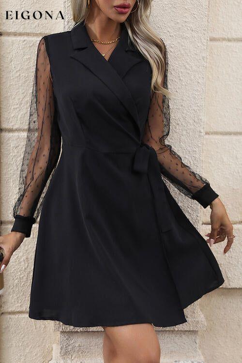 Lapel Collar Tied Mesh Long Sleeve Casual Dress casual dress casual dresses clothes dress dresses Hundredth long sleeve dress long sleeve dresses long sleve dresses Ship From Overseas short dresses