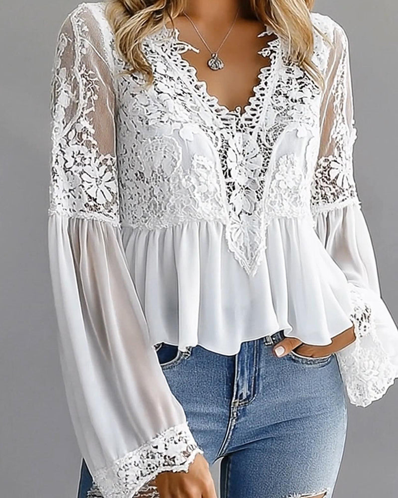 Lantern Sleeve Lace Patchwork Versatile Blouse