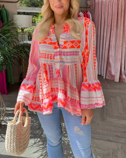 Printed bell-sleeve paneled button blouse blouse&shirts summer