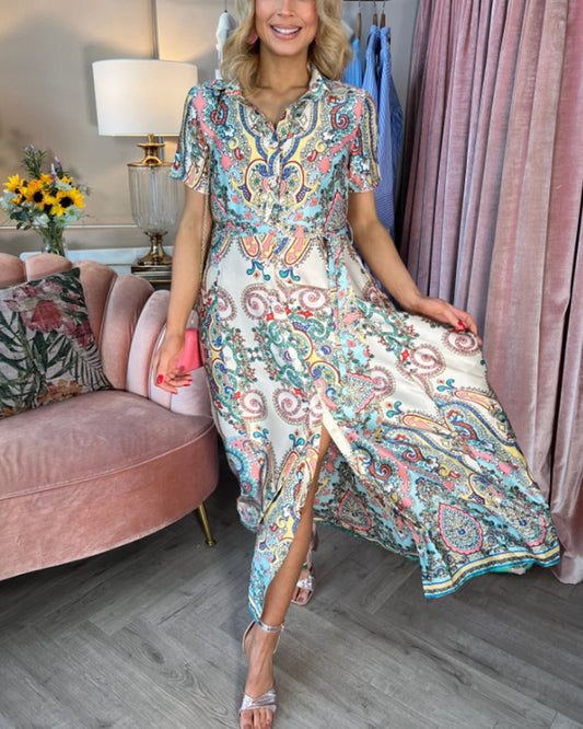 Elegant printed slit lapel short-sleeve dress casual dresses summer