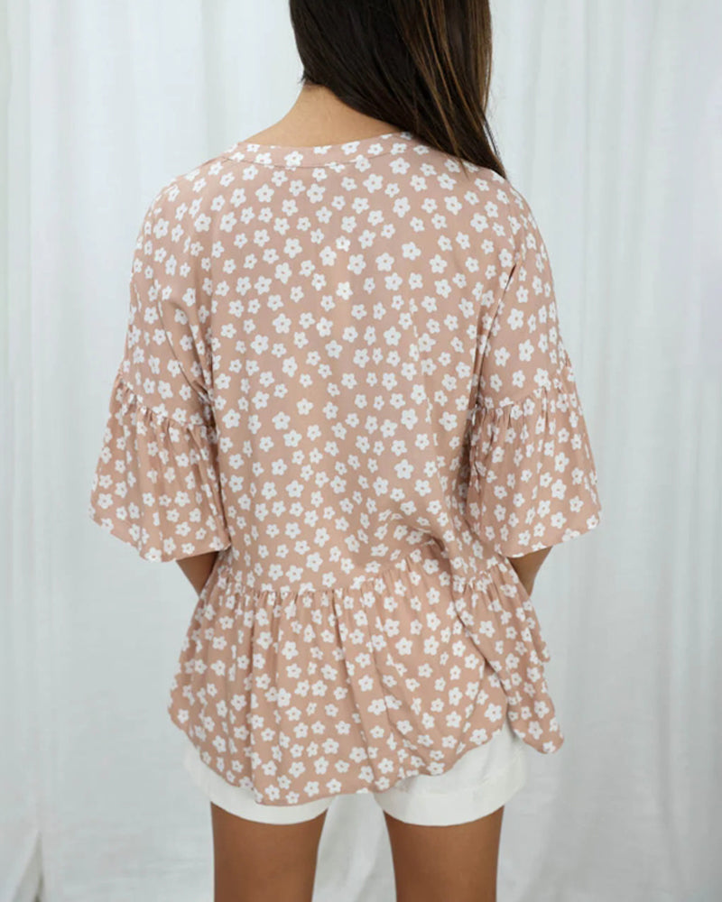 V-neck trumpet sleeves floral blouse 202466 blouses & shirts summer