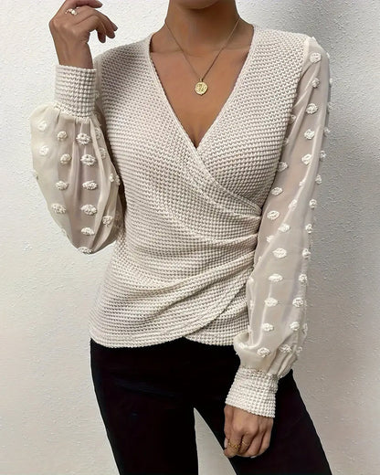 V-Neck Pleated Long Sleeve Top
