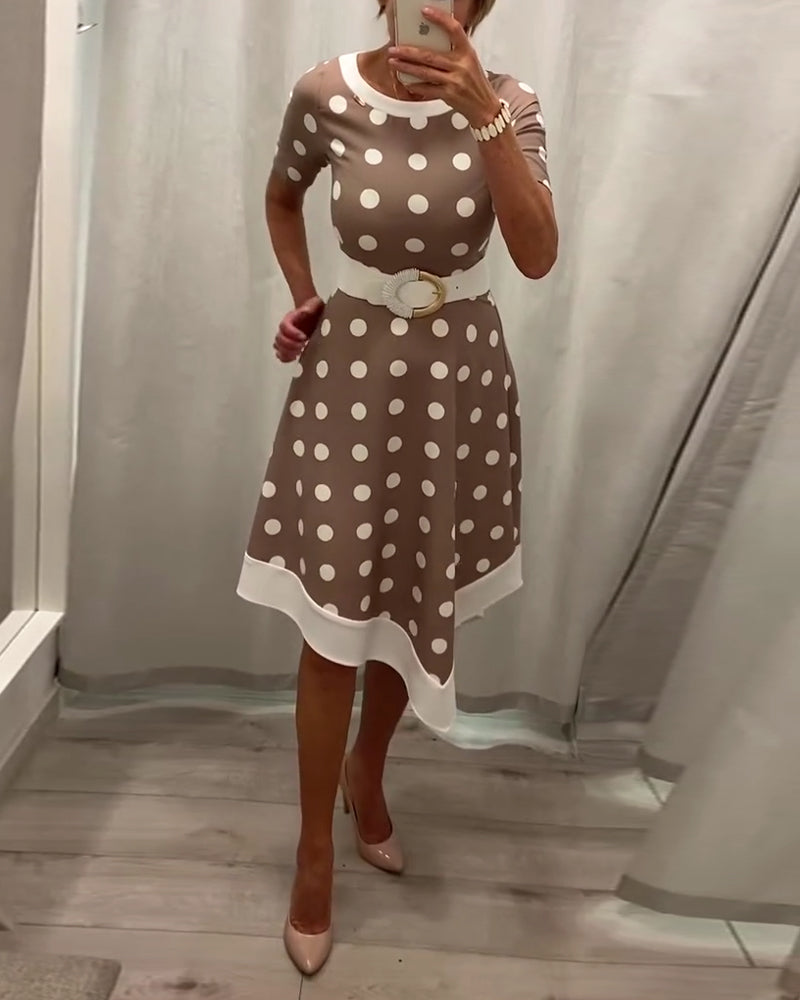 Elegant polka dot print round neck A-line dress casual dresses spring summer