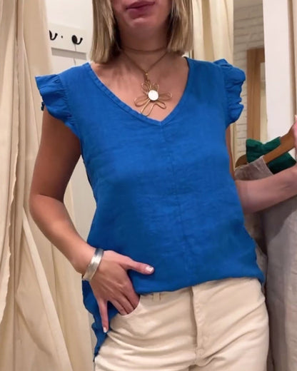 V-Neck French Ruffle Sleeveless Blouse