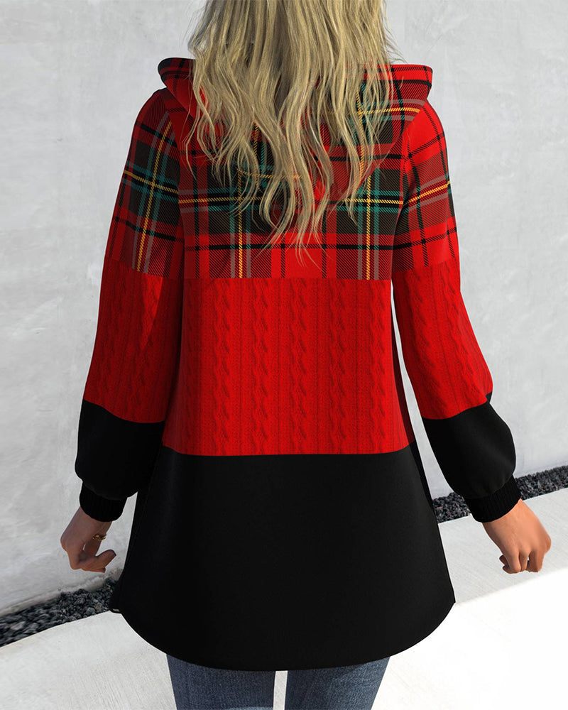 Zipped plaid hooded coat