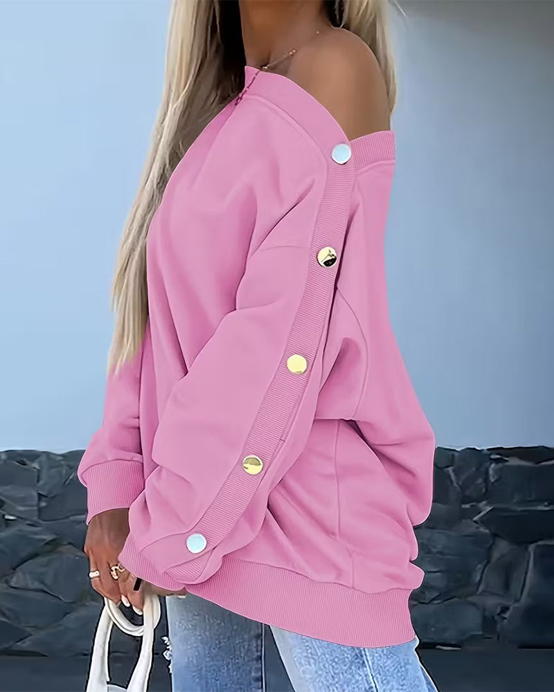 One-Shoulder Button Long Sleeve Sweatshirt