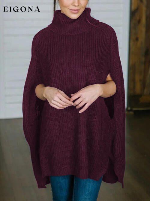 Turtleneck Slit Sleeveless Sweater Plum One Size A@Y@M clothes Ship From Overseas sweater sweaters Sweatshirt