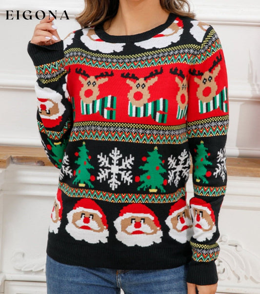 Christmas Theme Round Neck Sweater Black C.J@MZ christmas sweater clothes Ship From Overseas