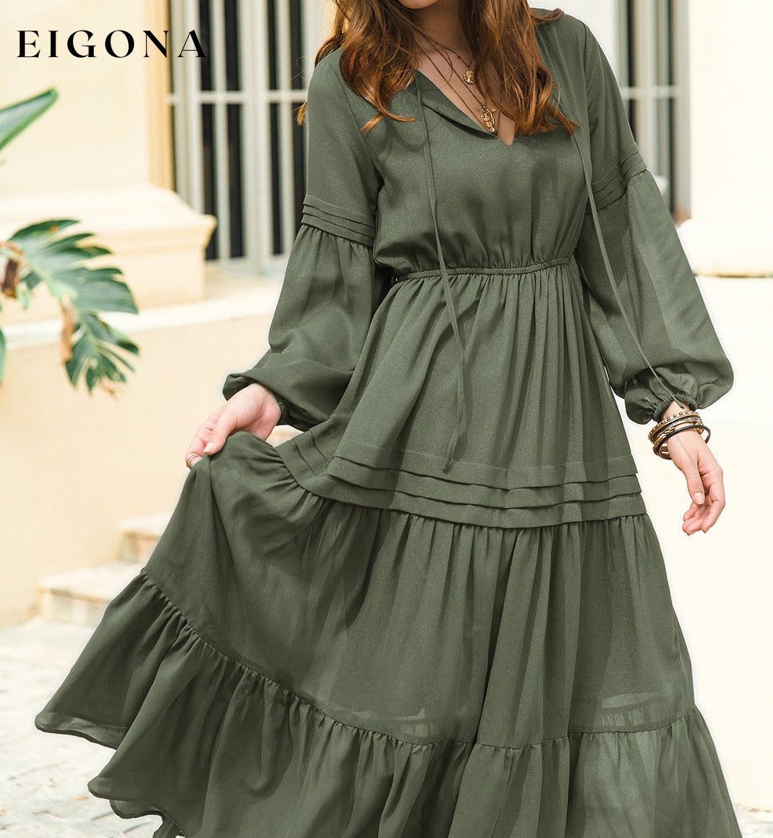 Tie Neck Long Sleeve Midi Tiered Dress Army Green clothes H.R.Z Ship From Overseas