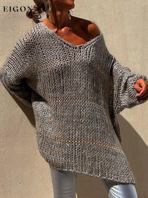 Openwork V-Neck Long Sleeve Sweater A@Y@M clothes Ship From Overseas