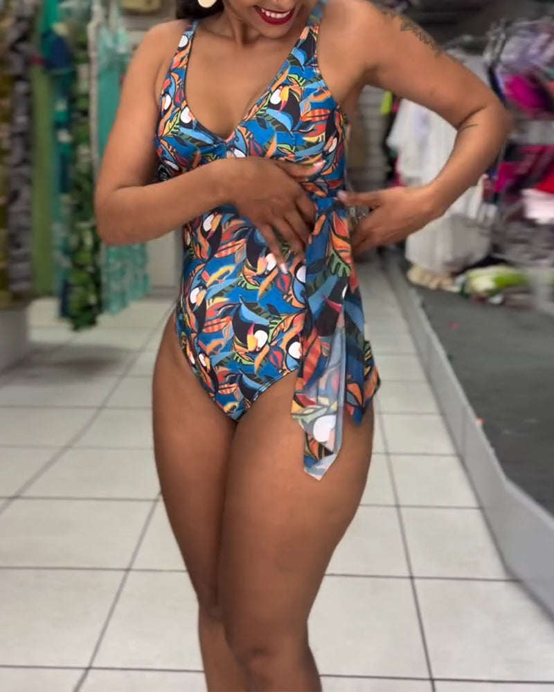 Costume da bagno intero con spalline stampate colorate
