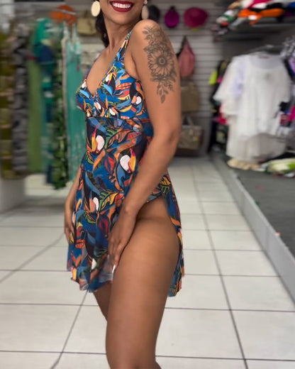 Costume da bagno intero con spalline stampate colorate