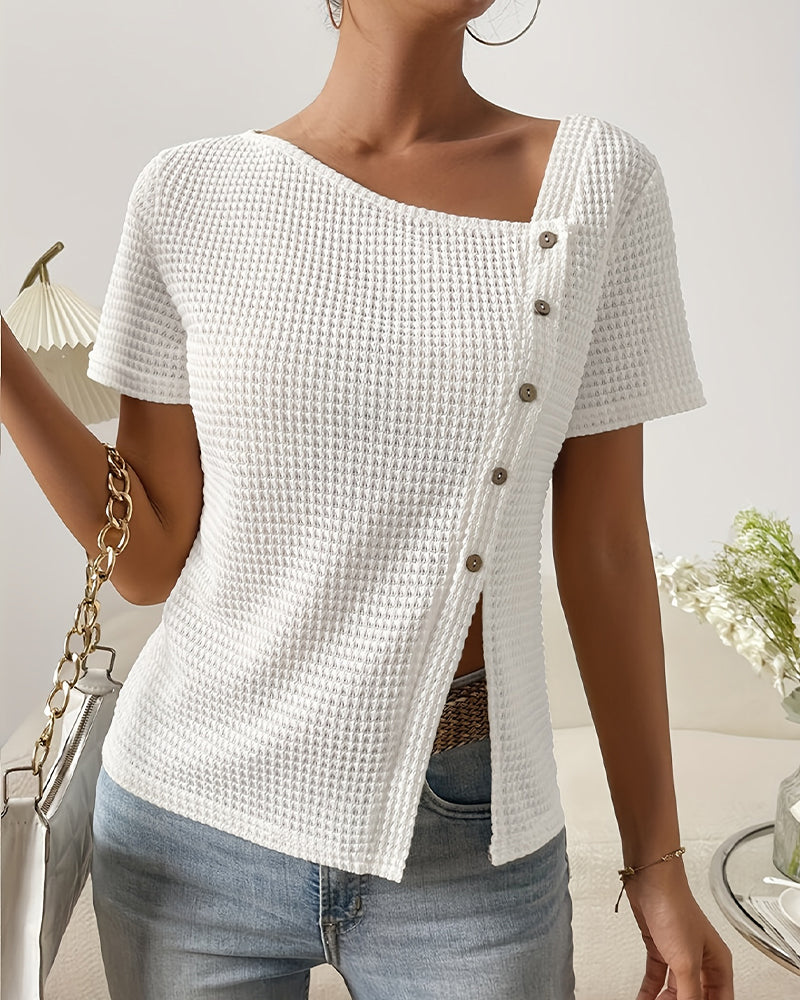 Schulterfreies, unregelmäßig gestricktes T-Shirt