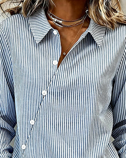 An Asymmetric Button-Down Striped Blouse