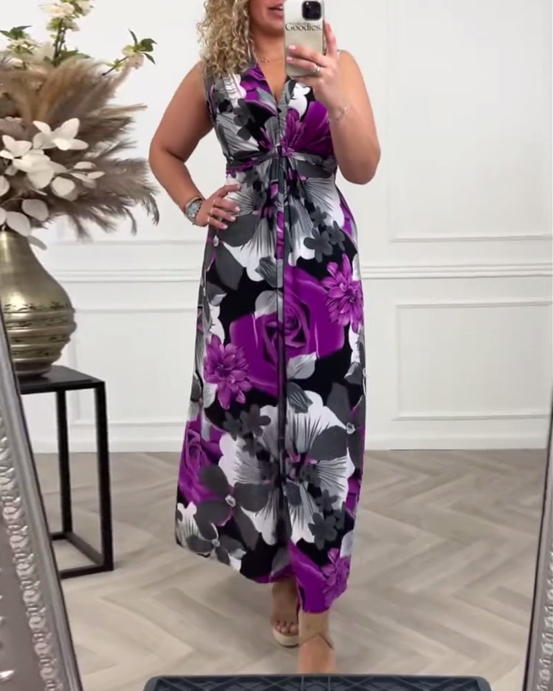 Vestido elegante plisado sin mangas con estampado floral