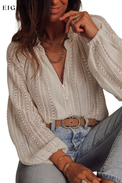 White V-Neck Long Sleeve Button Up Lace Shirt All In Stock Best Sellers clothes Early Fall Collection EDM Monthly Recomend Fabric Lace long sleeve shirt long sleeve shirts Occasion Daily Print Solid Color Season Spring shirt shirts Style Elegant top tops