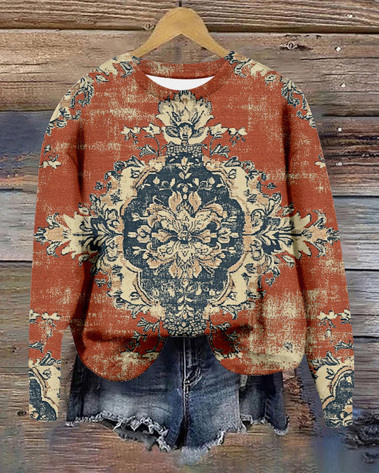 Retro floral print round neck casual long sleeve sweatshirt 2024 f/w sweatshirts Western Style