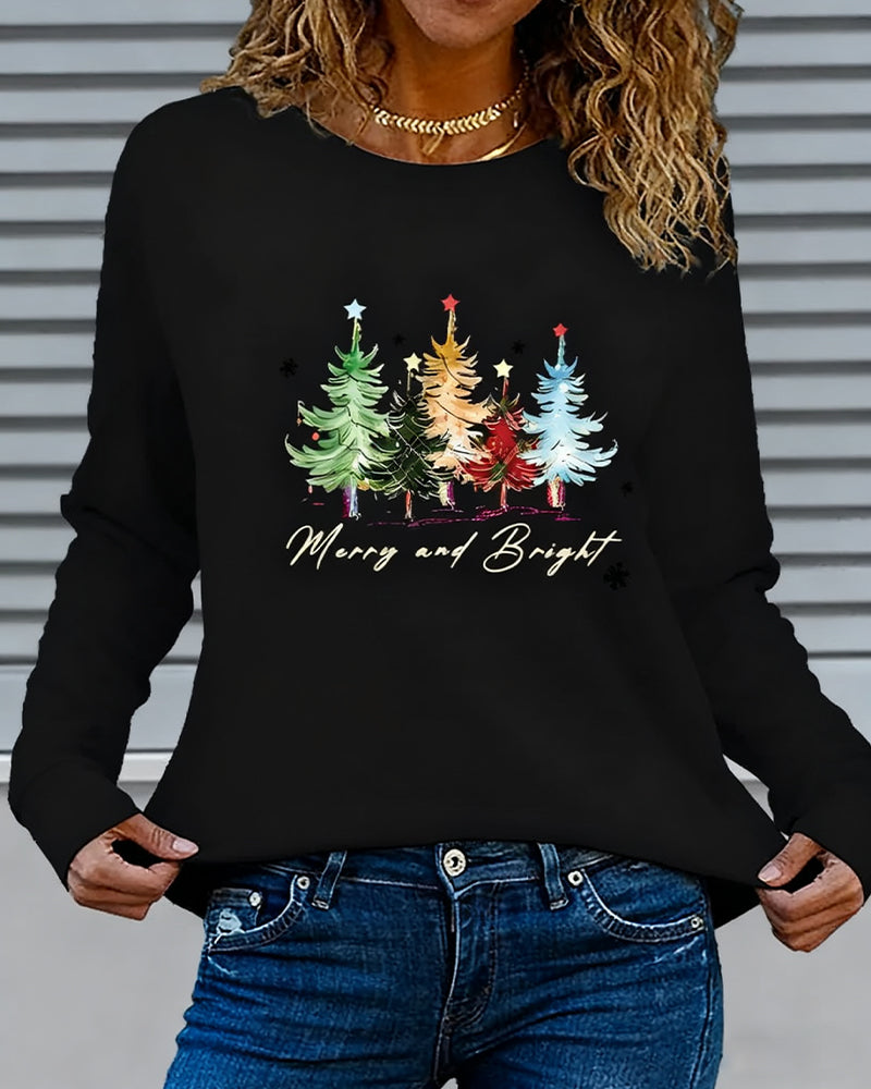 Long-Sleeved Crew Neck Christmas Tree Print Top